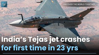 Indiamade fighter jet Tejas crashes for first time pilot ejected safely [upl. by Thaddeus311]