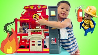 Jasper and Dad Play Fire Truck Station Rescue Mission with Firefighter Toy [upl. by Leahpar]