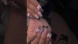 Black french tip nails with rhinestones pink bows and nail art pleasesubscribe nailinspo nail4u [upl. by Airret]