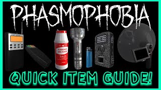 VERY QUICK EQUIPMENT GUIDE  Phasmophobia Almost Useless Guide [upl. by Jacey]