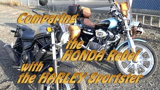 Comparing the HONDA REBEL 500 with the HARLEY SPORTSTER 883 shot w Sony RX100 V [upl. by Aenit]