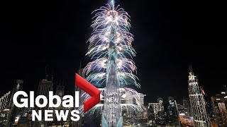 New Years 2022 Dubai puts on dazzling fireworks laser show at Burj Khalifa [upl. by Plath938]