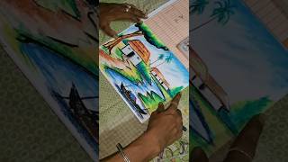 How to draw easy scenery for kids Pastel colour scenery drawingVillage scenery drawing [upl. by Per]