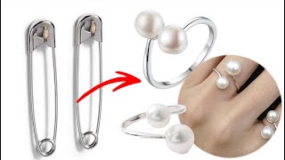 DIY Homemade Double Pearl rings  How to make Rings with safety pin  Easy making Rings tutorial [upl. by Aimo964]