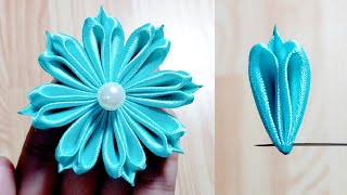 Kanzashi ribbon flower tutorialSatin ribbon craftRibbon flowers easyDiy flower making [upl. by Kippy]