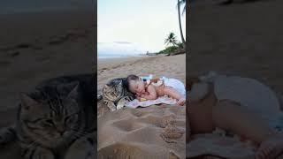 Baby and cat playing on the beach [upl. by Uahsoj]