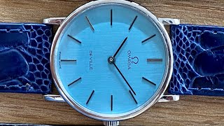 SERVICED Vintage Omega DeVille Cal 625 Hand Wind  Hand Painted Tiff Blue Dial on Ostrich Leg Strap [upl. by Anialad35]