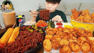 ASMR MUKBANG 직접 만든 만두 치킨먹방 돈까스 짜파게티 레시피 FRIED CHICKEN AND BLACK BEAN NOODLES EATING SOUND [upl. by Erodisi]