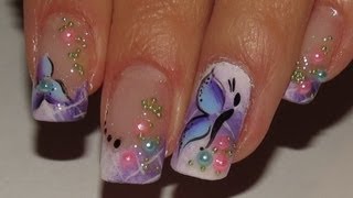 Ombre white and purple Spring fairy Nail Art Video Tutorial flowerbutterfly and pretty pearls [upl. by Ettennig]