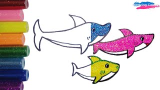 Menggambar bayi hiu baby shark family mewarnai dengan glitter  Draw Glittering Colors [upl. by Adnerol]