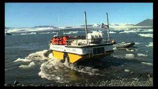 Jökulsárlón glacial lagoon with amphibian boats  Iceland [upl. by Gilman]