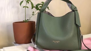 Kate Spade RETAIL Pebbled Leather Knott Medium Crossbody tote Romaine  dimensions  modshots [upl. by Von319]