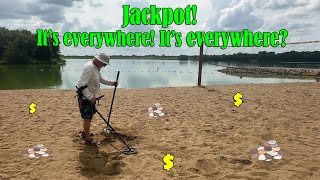 Metal Detecting Freshwater Beaches  CRAZY Coin Spill Minelab Equinox [upl. by O'Hara]