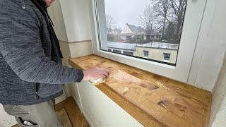 Fensterbank mit Holz verkleiden  fensterbank aus mit parkett  parkettboden auf fensterbank kleben [upl. by Ahseiat]