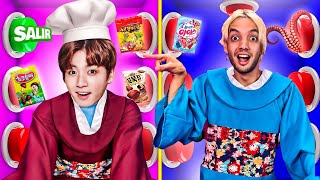 100 BOTONES MISTERIOSOS DE DULCES COREANOS CON BTS [upl. by Lyrred]