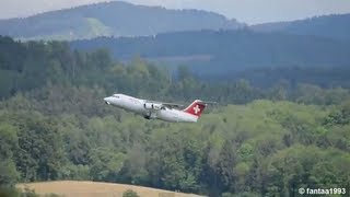 Swiss Avro RJ100 takeoff at airport BernBelp HD [upl. by Nazay87]