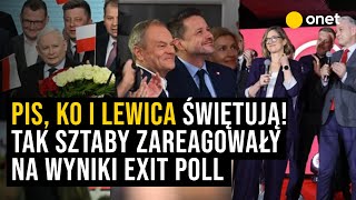 Kaczyński Tusk i Hołownia świętują Tak partie reagują na wyniki exit poll [upl. by Ayerhs520]