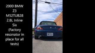 Z3 M52 Exhaust Comparison  Stock Turbo Chambered and Open Mufflers [upl. by Sesiom]