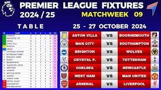 EPL FIXTURES TODAY  Matchweek 9 • EPL Table Standings Today • Premier League Fixtures 202425 [upl. by Everick]