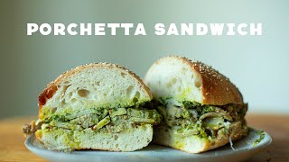 Porchetta sandwich with salsa verde on homemade sourdough sesame roll [upl. by Haikezeh87]