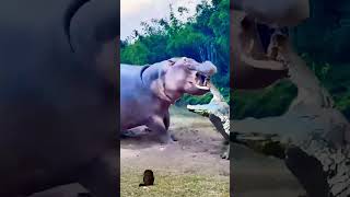 Hippopotamus VS crocodile crocodilian animals wildlifefight hippo [upl. by Eidnam]