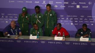 CANADA WINS 4X100M RELAY OLYMPIC GOLD SOUTH AFRICA SILVER TEAM USA DISQUALIFIED  PRESS CONFERENCE [upl. by Ahsirahc]