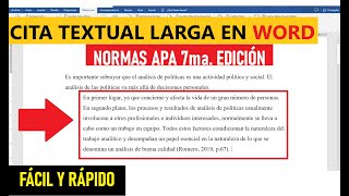 NORMAS APA CÓMO HACER UNA CITA TEXTUAL LARGA EN WORD PASO A PASO  EJEMPLO  7ma ED [upl. by Otrebla]