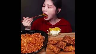 Minimumspicy buldak ramen noodles with cheesefried chicken packed radish mukbang [upl. by Nylaj]