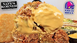 MUKBANG EATING TACO BELL BREAKFAST CRUNCHWRAP SUPREMES HASHBROWNS NATES KORNER STEAK BURRITO ASMR [upl. by Sirovat254]