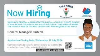 🧑‍💼💶📱Vacancy WGA General Manager Fintech Closing Date extended to  22 Aug 2024 [upl. by Ambrosio895]