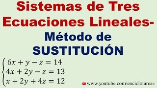 Sistema de tres Ecuaciones Lineales con tres incógnitas  MÉTODO DE SUSTITUCIÓN [upl. by Bracci359]