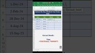 Learn Extracting Day Month amp Year from date excel exceltricks exceltips youtubeshorts howto [upl. by Caty]