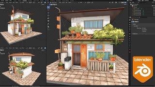 Stylized house Downloadable File modelingTexture painting in Blender  Timelapse [upl. by Ellerret]