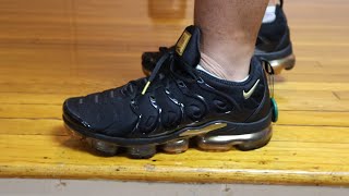 Nike Air VaporMax Plus Black Metallic Gold Sneaker Review  On Foot Look [upl. by Sualohcin]