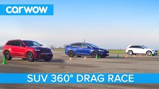 Tesla Model X P100D vs Jeep Trackhawk vs AMG GLC 63  360º DRAG amp ROLLING RACE [upl. by Dermot]