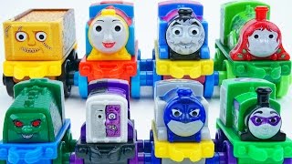 THOMAS MINIS DC SUPERFRIENDS SUPERHERO TRAINS TANK ENGINES SUPERMAN BATMAN TWO FACE RIDDLER [upl. by Joed]