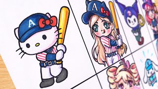 Drawing All Characters SANRIO But Baseball Style  Hello Kitty Kuromi Melody Cinnamoroll [upl. by Harvard]