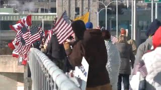 COVID vaccine mandate Protesters rally at USCanada border [upl. by Yadnus]