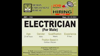 JRN1366  Required ELECTRICIAN  2024  Memon Employment Bureau MEB [upl. by Irahc]