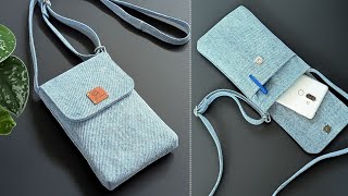 DIY Mini Denim No Zipper Phone Crossbody Bag Out of Old Jeans  Bag Tutorial  Upcycled Craft [upl. by Niwdla]