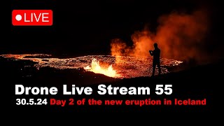 LIVE 300524  Day 2 New volcano eruption in Iceland drone live stream part 1 [upl. by Nozicka]