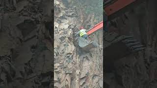 A worker on the bucket of a crawler excavator pulls something out of a rock with the bucket [upl. by Clawson]