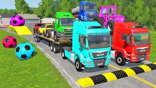 Flatbed Trailer Cars Transportation with Truck  Speedbumps vs Cars vs Train  BeamNGDrive [upl. by Nevag]