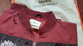 Mr Bowerbird men maroon Printed Bomber Jacket Unboxing Review Myntra Product [upl. by Annohsat978]