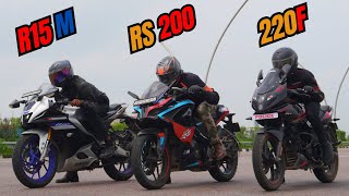 2024 Pulsar 220F vs R15M vs RS200 Drag Race [upl. by Nomae]