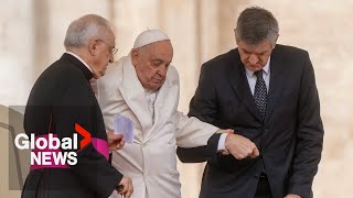 Pope Francis struggles to climb steps before weekly Vatican City audience [upl. by Goren305]