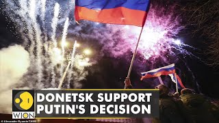 Donetsk residents celebrate recognition wave Russian flags  Latest World English News  WION [upl. by Hadleigh]