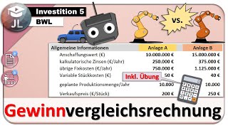 Gewinnvergleichsrechnung Statische Investitionsrechnung mit Übungsaufgabe [upl. by Angell]