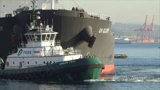 Foss Tugs Push Out Bulk Ship in Elliott Bay [upl. by Tnerual]