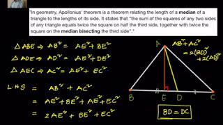 Geometry Apollonius theorem  proof by Pythagoras theorem [upl. by Atinuaj]